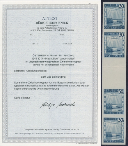 1945 - 30 Gr. dkl.graublau "Landschaften" - ANK 754 Zw U - waagrechtes ungezähntes Zwischenstegpaar - Postfrisch ** / DB / Kommissionsverkauf "BH"